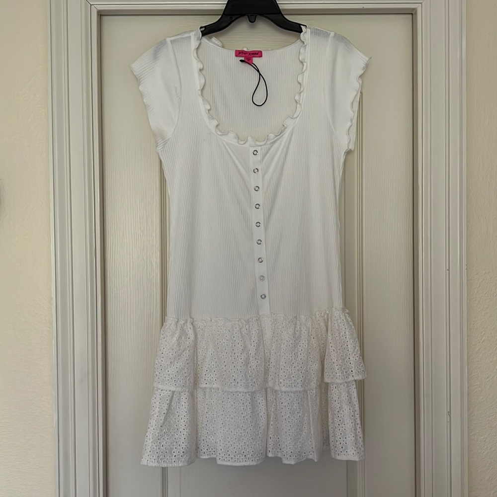 Brand New Betsey Johnson White Cotton Dress with Eyelet Ruffle Bottom